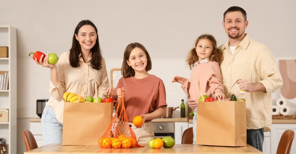 A family grocery shopping at home in the United States