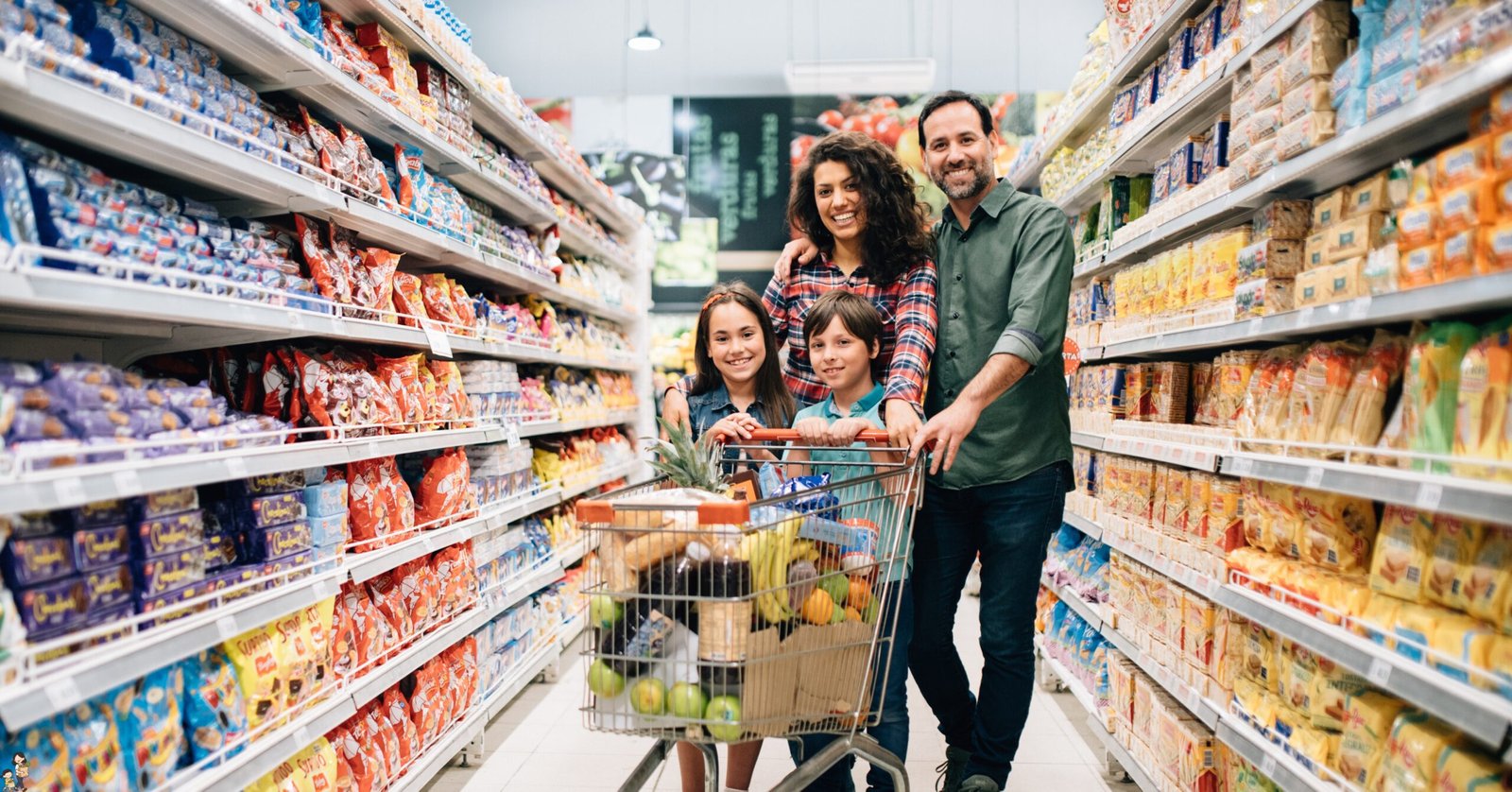 A family shopping for groceries in a U.S. supermarket showing everyday food expenses