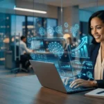 professional reviewing AI generated report on laptop at desk