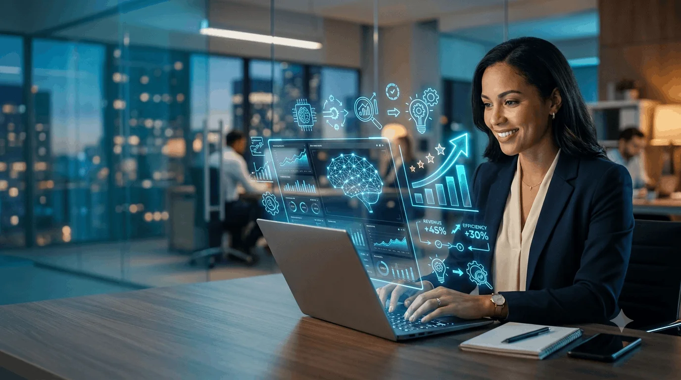 professional reviewing AI generated report on laptop at desk